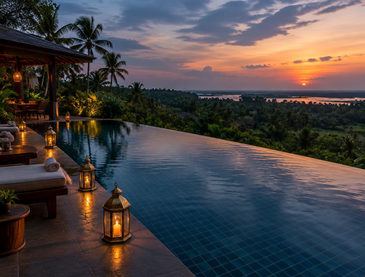Pool overlooking tropical landscape at sunset